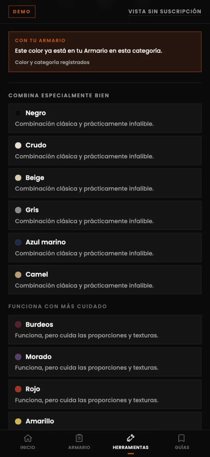 Color Lab confirma que el color está en el armario y muestra combinaciones seguras y opciones que requieren más cuidado