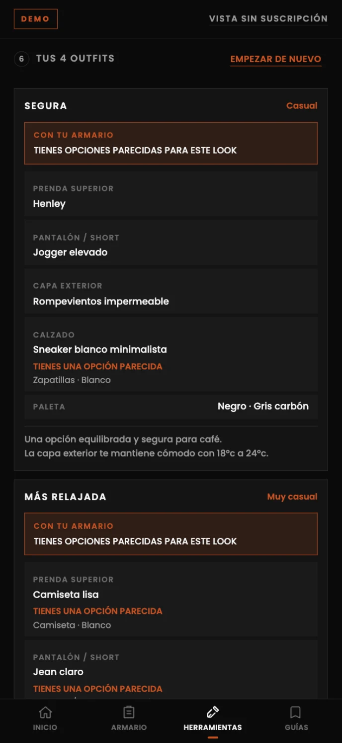 Qué Me Pongo muestra outfits adaptados al contexto y señala opciones parecidas disponibles en el armario