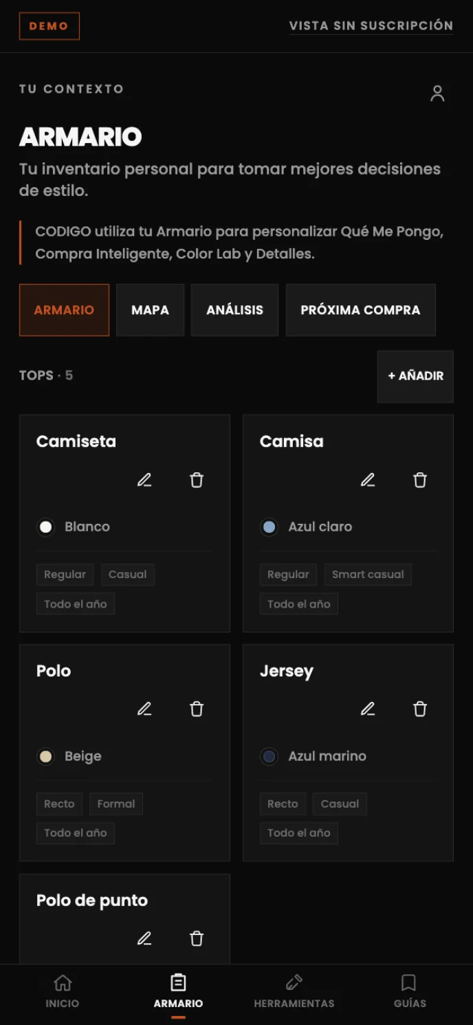 Mi Armario muestra las prendas registradas que CODIGO utiliza como contexto para sus herramientas